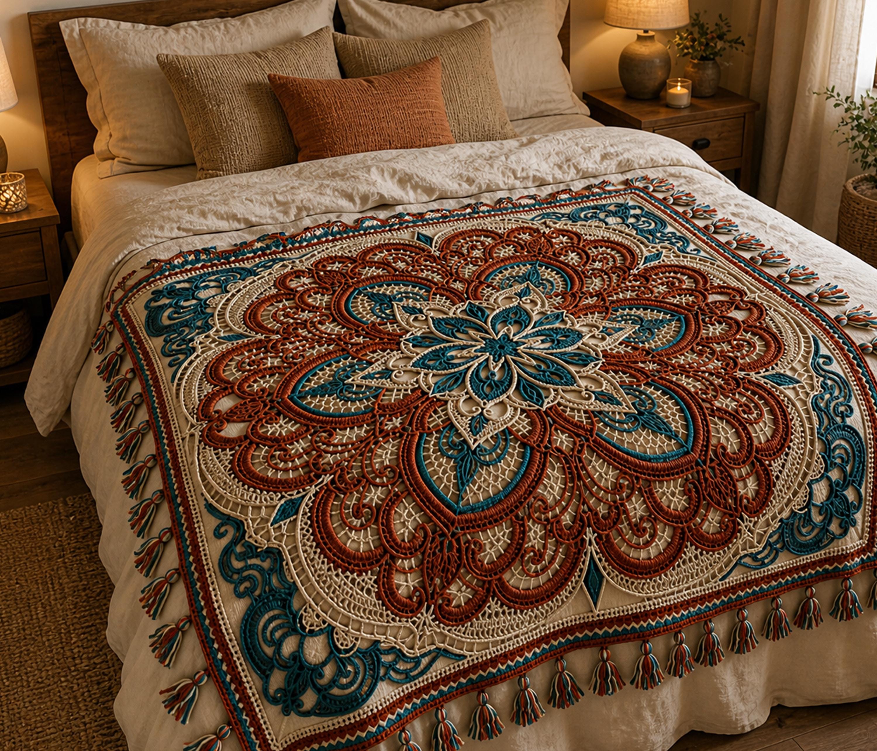 30 Mandala Blanket Crochet Patterns for Round, Square, and Star-Inspired Throws 14 Mandala Boho Floral Lace Afghan Throw Pattern