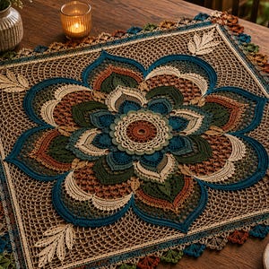 Puede incluir: Un tapete de ganchillo cuadrado con un patrón de mandala central y pétalos en capas en tonos verde azulado, verde bosque, naranja óxido y crema. El intrincado trabajo de aguja incluye un fondo de malla delicado y un borde festoneado.