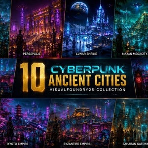 May include: A digital art piece showcasing ten cyberpunk-themed ancient cities. Each city, including El Dorado and Constantinople, is depicted with vibrant neon lights and futuristic elements. The text "10 Cyberpunk Ancient Cities" is prominently displayed.