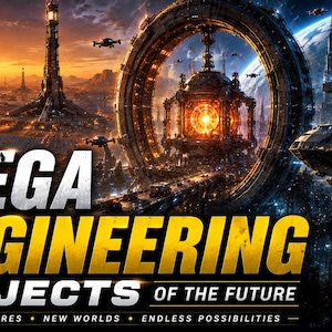 Puede incluir: Una ilustración digital futurista que presenta una estructura de portal circular masiva, torres imponentes y vehículos voladores bajo un cielo al atardecer. El texto dice MEGA ENGINEERING PROJECTS OF THE FUTURE, MEGASTRUCTURES.