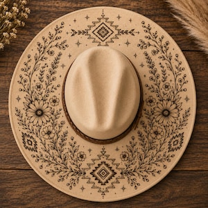May include: A beige fedora-style hat with a decorative floral and geometric pattern in dark brown. The hat features a light brown crown and a dark brown band around the base. The brim is wide and circular.