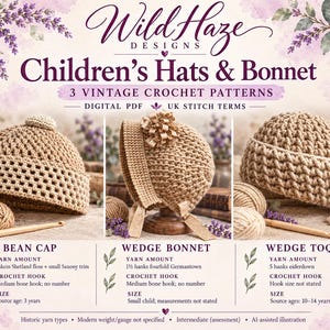 May include: A digital PDF pattern set titled Wild Haze Designs Children's Hats & Bonnet featuring three crochet patterns: a tan bean cap with a pom-pom, a wedge bonnet with ribbon ties and a floral accent, and a wedge toque with a large tassel.