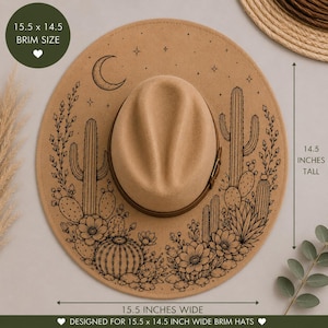 Cactus Hat Brim SVG | 15.5 x 14.5 Hat Burning Pattern | Desert Floral Pyrography Design | Western Hat Laser Engraving