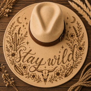 Op de afbeelding: Een beige fedora hoed met een bruine leren band en gesp. De rand van de hoed heeft een lasergeëtst ontwerp met de woorden "Stay Wild", een cactus, bloemen, een schedel van een stier en veren. Een modieus accessoire.