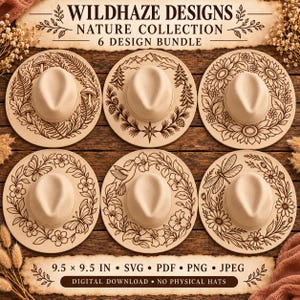 Puede incluir: Un paquete digital de seis sombreros fedora beige con diseños de arte lineal de temática natural. La colección incluye ilustraciones de setas, montañas, girasoles, mariposas, colibríes y libélulas. El texto dice Wildhaze Designs.