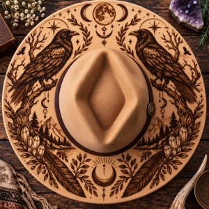 May include: A tan wide-brimmed hat featuring intricate dark brown pyrography designs. The brim displays two ravens perched on branches, surrounded by crystals, pine trees, mountains, feathers, and celestial motifs including a full moon and crescent moons.