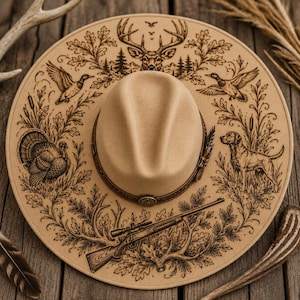 May include: A beige fedora hat with detailed laser-etched hunting motifs. The brim displays images of a deer, ducks, a turkey, a dog, a rifle, and foliage. The hat has a brown leather band and a feather detail.
