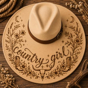 Könnte beinhalten: Beigefarbener Fedora-Hut mit braunem Lederband und Schnalle. Der Hutrand zeigt ein Blumen- und Stiefeldesign mit den Worten "country girl". Der Hut liegt auf einer Holzoberfläche.