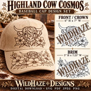 Highland Cow Cosmos Baseball Cap Hat Burning SVG, Crown 6x7 and Brim 5x7.25, Pyrography Design Set