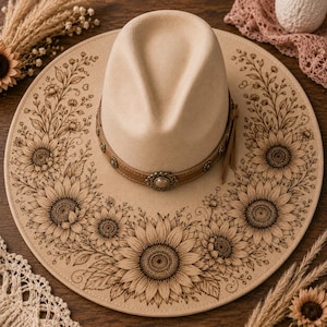 Könnte beinhalten: Beiger Fedora-Hut mit breiter Krempe, verziert mit einem braunen Lederband und einer dekorativen Schnalle. Die Krempe zeigt ein detailliertes Sonnenblumen- und Blumendesign. Der Hut hat einen Krempen-Durchmesser von ca. 38 cm.