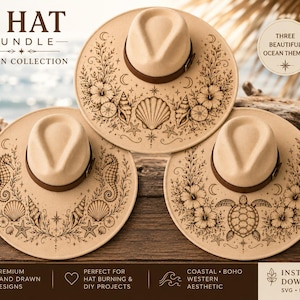May include: Three beige fedora hats with brown bands, each featuring unique ocean-themed designs. One hat has a seahorse, another a turtle, and the third a seashell design. The text reads "3 HAT BUNDLE OCEAN COLLECTION".