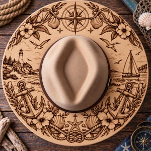 May include: A tan felt hat featuring intricate dark brown laser-engraved nautical illustrations on the brim. The design includes a lighthouse, a sailboat, anchors, a compass rose, seashells, a starfish, and floral elements surrounding the crown.