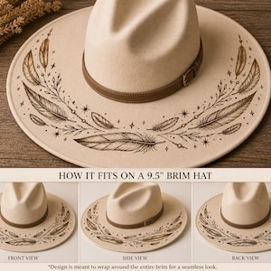 May include: A beige wide-brim hat featuring a brown leather band with a buckle and a dark brown etched design of feathers, stars, and sprigs on the brim. The text "HOW IT FITS ON A 9.5" BRIM HAT" appears above three views showing the design.