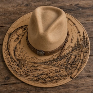 May include: A tan fedora hat with a brown leather band and buckle. The brim has a wood-burned illustration of a fish, fishing rod, and mountain scene. The hat is a stylish accessory.