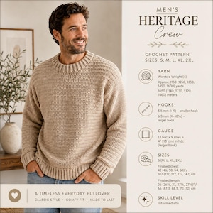 Virkmönster för herr Heritage Crew | Klassisk herrtröja | Storlekar S–2XL | Virkad tröja i worsted weight PDF