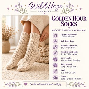 Mönster för virkade sockor till Golden Hour, mysig ribbad mudd, nybörjarvänlig (PDF-nedladdning)