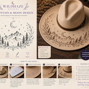 Puede incluir: Un sombrero vaquero beige con una banda y hebilla de cuero marrón. El sombrero presenta un diseño de montaña y luna quemado en el ala, con el texto "MOUNTAIN & MOON DESIGN" y "WILDHAZE DESIGNS".