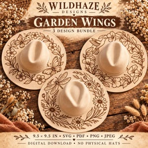 Puede incluir: Tres sombreros fedora de color beige con diseños de líneas en marrón oscuro. Un sombrero muestra mariposas y flores, otro un colibrí con flores y el tercero una libélula con margaritas. El texto dice Wildhaze Designs Garden Wings.