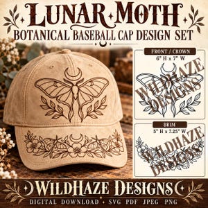 May include: A tan baseball cap featuring a dark brown line art design of a lunar moth with a crescent moon above it on the crown and a floral pattern with smaller moths on the brim. The image includes text labels for design dimensions.