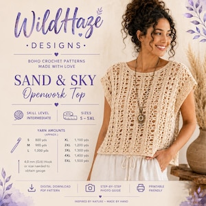 Puede incluir: Un top de ganchillo beige con patrón calado, cuello redondo y mangas cortas. El texto dice WildHaze Designs, Sand & Sky Openwork Top, nivel intermedio, tallas S-5XL, cantidades de hilo y ganchillo de 4,0 mm requerido para la muestra.