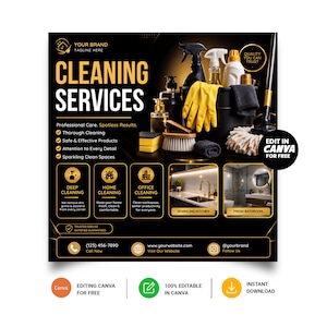 May include: A black and gold promotional flyer for cleaning services featuring text that reads CLEANING SERVICES, Professional Care. Spotless Results, and various icons. The image displays cleaning supplies including yellow gloves and brushes.