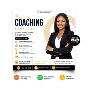 Könnte beinhalten: Eine Vorlage für einen Business-Coaching-Flyer mit einer Fachkraft im schwarzen Blazer. Der Text umfasst Business Coaching Services, Clarity, Strategy, Growth und What We Offer. Enthält Kontakt-Icons und Canva-Bearbeitungshinweise.