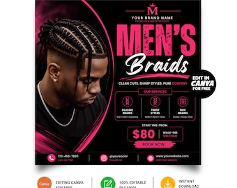 Puede incluir: Un folleto promocional para un servicio de barbería con una persona con cabello trenzado. El texto dice: MEN'S Braids, CLEAN CUTS. SHARP STYLES. PURE CONFIDENCE, OUR SERVICES, CLASSIC BRAIDS, TWIST STYLES, BOX BRAIDS, STARTING FROM $80, BOOK NOW.