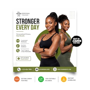 May include: A digital marketing flyer for a personal trainer featuring the text STRONGER EVERY DAY, Personalized Fitness, Real Results, and LET'S ACHIEVE YOUR GOALS. It includes icons for workouts, nutrition, and progress tracking with contact details.