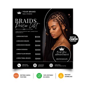 Braids Price List Canva Template | Hair Braiding Price Menu | Editable Hair Salon Flyer | Beauty Price List