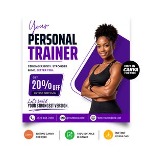 May include: A digital flyer template for a personal trainer featuring a person in black athletic wear with arms crossed. Text includes Your PERSONAL TRAINER, STRONGER BODY. STRONGER MIND. BETTER YOU., GET 20% OFF ON YOUR FIRST PLAN, and Let's build YOUR STRONGEST VERSION.