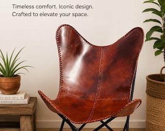 Sedia a farfalla vintage in pelle fatta a mano | Poltrona d'accento rustica marrone | Arredamento moderno in stile boho