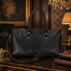 May include: A black holdall with a textured crocodile-embossed pattern, featuring two top handles, a detachable brown shoulder strap, gold-tone hardware, and dual zip closures. The bag has a structured rectangular shape with reinforced stitching.