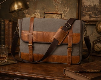 Vintage Canvas Leather Messenger Bag for Men, Laptop Briefcase, Handmade Crossbody Satch, Travel Shoulder Bag, Gift for Him