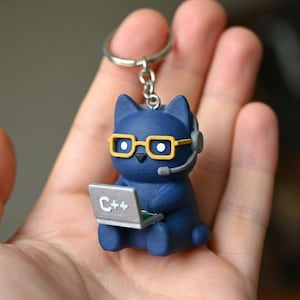 May include: A blue cat-shaped keychain with yellow-rimmed glasses, a headset, and a laptop displaying "C++." The cat is holding the laptop and has a silver keyring attached.