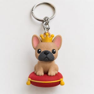 May include: A keychain featuring a tan French bulldog figurine with a black muzzle and pink inner ears, wearing a small yellow crown. The dog sits on a round red cushion with yellow tassels, attached to a silver metal split ring by a chain.