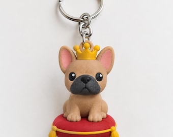 Royal French Bulldog Keychain, Hand Painted Miniature Dog Charm, Regal Crown Puppy Keyring, Unique 3D Printed Animal Bag Accessory