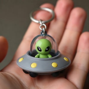 May include: A keyring featuring a grey flying saucer with yellow circular accents and a clear dome top. Inside the dome sits a small green alien figure with large black eyes. The saucer has a metallic silver ring attached to the top for keys.
