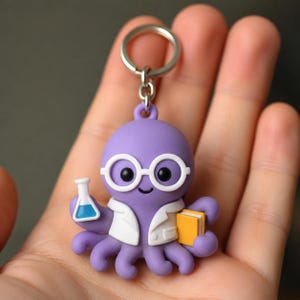 May include: A purple octopus keychain featuring a scientist character wearing white glasses and a white lab coat. The octopus holds a small blue liquid-filled flask in one tentacle and a yellow book in another, attached to a silver metal ring.