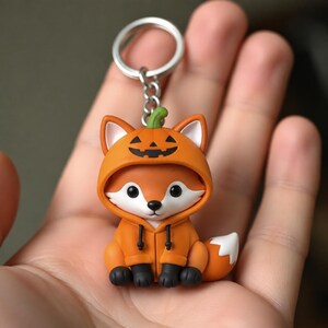 Op de afbeelding: Een sleutelhanger met een klein oranje vossenfiguurtje in een oranje hoodie met een groen steeltje bovenop en een zwart jack-o'-lantern gezicht op de capuchon, voorzien van zwarte pootjes en een zilverkleurige metalen ring voor bevestiging.