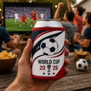 Könnte beinhalten: Ein rot, weiß und blaues Getränkekühler mit einem Fußball-Grafik und dem Text "WORLD CUP 2026". Im Hintergrund ist ein Fußballspiel auf einem Fernseher zu sehen.