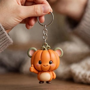 Cute Pumpkin Keychain, Happy Thumbs Up Smile, Two Tone Ears, 3D Printed Bag Charm, Hand Painted Keyring, Fall Gift, Kawaii Bag Charm