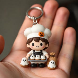 May include: A keychain featuring a small figurine of a baker wearing a white chef hat with a tiny orange pumpkin accent. The baker holds a gray tray with three white ghost-shaped treats, while two additional ghost treats sit on the sides.