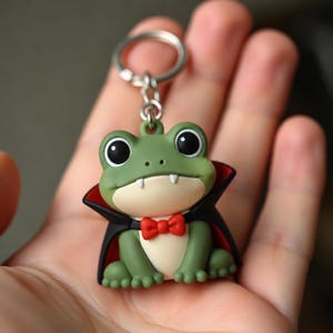 May include: A green frog keychain featuring a vampire theme with a black cape that has a red interior lining. The frog has large black eyes, two white fangs, and a small red bow tie. It is attached to a silver-colored metal split ring.