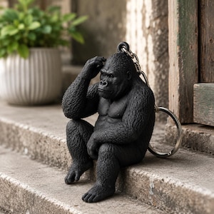 May include: A black gorilla figurine keychain featuring a textured, muscular primate in a seated, contemplative pose with one hand resting on its head. The figure is attached to a silver-toned metal split ring by a short chain link connector.