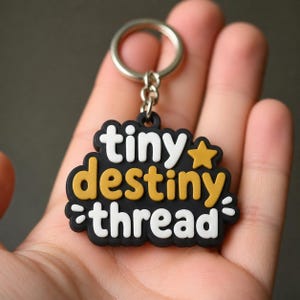 Może przedstawiać: Czarny brelok do kluczy z napisem "tiny destiny thread" w białych i żółtych literach, z małą złotą gwiazdką. Brelok jest trzymany w dłoni i ma srebrny kółko.