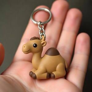 Op de afbeelding: Een bruin kameel sleutelhanger met een zilveren sleutelring en ketting. Het kameel zit in een rustpositie met bruine accenten op zijn bult en voeten. Een schattig accessoire.