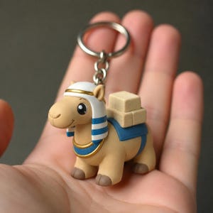May include: A tan camel keychain featuring a white and blue striped headpiece with gold trim, a blue saddle, and two tan square blocks on its back. The figure has a smooth matte finish and is attached to a standard silver-colored metal split ring.