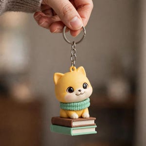 May include: A keychain featuring a small, light orange cartoon dog with large black eyes and a light green knitted scarf, sitting on top of a stack of two miniature books, one brown and one light green, attached to a silver metal ring.