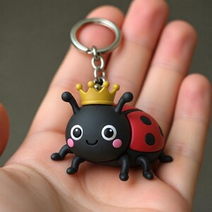 May include: A keyring featuring a small, black ladybird with a red back and black spots. The ladybird has a matte finish, large white eyes, a small smile, and pink cheeks. It wears a gold-coloured crown on its head and is attached to a silver metal ring.