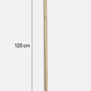 May include: A light-coloured wooden walking stick measuring 120 cm in total length. The handle features a wrapped brown cord detail and a black leather strap with a small white bead. The base of the stick is finished with a metal tip.